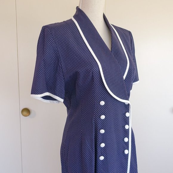 Vintage Studio I 60's Style Short Sleeve Navy White Polka Dot Work Office Dress - Picture 4 of 8